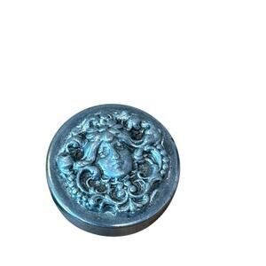 Vintage Art Nouveau Styled Tin Pill Box with Pewter Maiden Figure 50s